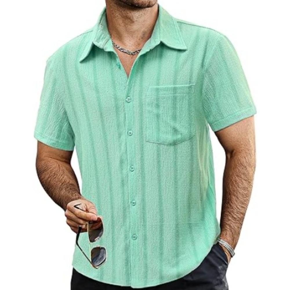 Mens Summer Striped Button Down Short Sleeve Hawaiian Shirt Light Green
